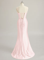 Trumpet/Mermaid V-Neck Sweep Train Silky Satin Prom Dresses With Pleated Rhinestone