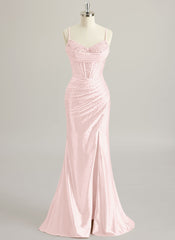 Trumpet/Mermaid V-Neck Sweep Train Silky Satin Prom Dresses With Pleated Rhinestone