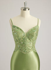 Trumpet/Mermaid V-Neck Sweep Train Silky Satin Prom Dresses With Rhinestone Beading Sequins