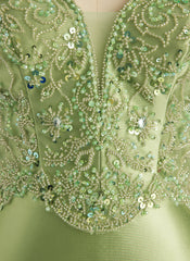 Trumpet/Mermaid V-Neck Sweep Train Silky Satin Prom Dresses With Rhinestone Beading Sequins