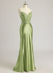 Trumpet/Mermaid V-Neck Sweep Train Silky Satin Prom Dresses With Rhinestone Beading Sequins