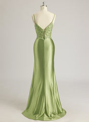 Trumpet/Mermaid V-Neck Sweep Train Silky Satin Prom Dresses With Rhinestone Beading Sequins