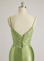 Trumpet/Mermaid V-Neck Sweep Train Silky Satin Prom Dresses With Rhinestone Beading Sequins
