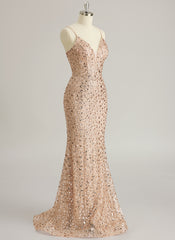 Trumpet/Mermaid V-Neck Sweep Train Sequin Prom Dresses With Sequins