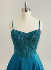 A-line V-Neck Sweep Train Silky Satin Prom Dresses With Sequins Beading