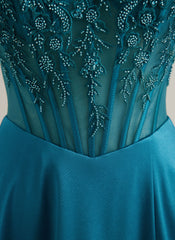 A-line V-Neck Sweep Train Silky Satin Prom Dresses With Sequins Beading
