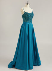 A-line V-Neck Sweep Train Silky Satin Prom Dresses With Sequins Beading