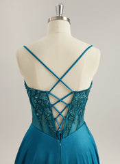 A-line V-Neck Sweep Train Silky Satin Prom Dresses With Sequins Beading