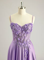 A-line Sweetheart Sweep Train Silky Satin Prom Dresses With Rhinestone 3D Floral Sequins Beading