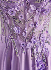 A-line Sweetheart Sweep Train Silky Satin Prom Dresses With Rhinestone 3D Floral Sequins Beading
