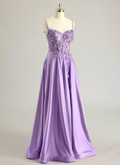 A-line Sweetheart Sweep Train Silky Satin Prom Dresses With Rhinestone 3D Floral Sequins Beading