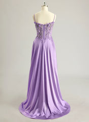 A-line Sweetheart Sweep Train Silky Satin Prom Dresses With Rhinestone 3D Floral Sequins Beading