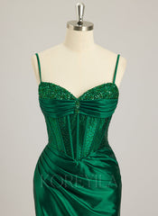 Trumpet/Mermaid V-Neck Sweep Train Silky Satin Prom Dresses With Rhinestone Sequins Beading