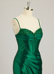 Trumpet/Mermaid V-Neck Sweep Train Silky Satin Prom Dresses With Rhinestone Sequins Beading