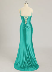 Trumpet/Mermaid V-Neck Sweep Train Silky Satin Prom Dresses With Rhinestone Sequins Beading