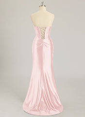 Trumpet/Mermaid V-Neck Sweep Train Silky Satin Prom Dresses With Rhinestone Sequins Beading