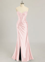 Trumpet/Mermaid V-Neck Sweep Train Silky Satin Prom Dresses With Rhinestone Sequins Beading