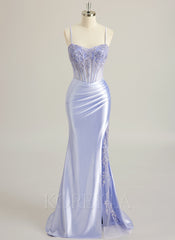 Trumpet/Mermaid V-Neck Sweep Train Silky Satin Prom Dresses With Appliques Lace Beading