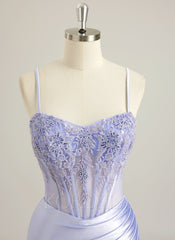 Trumpet/Mermaid V-Neck Sweep Train Silky Satin Prom Dresses With Appliques Lace Beading