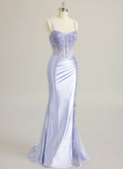 Trumpet/Mermaid V-Neck Sweep Train Silky Satin Prom Dresses With Appliques Lace Beading