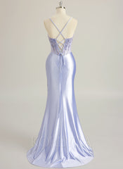 Trumpet/Mermaid V-Neck Sweep Train Silky Satin Prom Dresses With Appliques Lace Beading