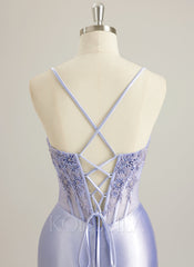 Trumpet/Mermaid V-Neck Sweep Train Silky Satin Prom Dresses With Appliques Lace Beading