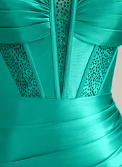 Trumpet/Mermaid Sweetheart Sweep Train Silky Satin Prom Dresses With Pleated Rhinestone