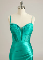 Trumpet/Mermaid Sweetheart Sweep Train Silky Satin Prom Dresses With Pleated Rhinestone