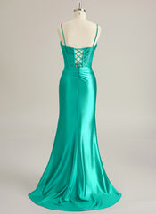 Trumpet/Mermaid Sweetheart Sweep Train Silky Satin Prom Dresses With Pleated Rhinestone