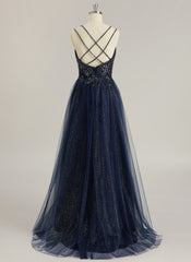 Ball-Gown/Princess V-Neck Sweep Train Tulle Prom Dresses With Rhinestone Beading Sequins