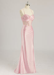 Trumpet/Mermaid Sweetheart Sweep Train Silky Satin Prom Dresses With Sequins Beading