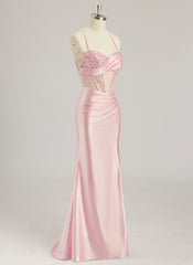 Trumpet/Mermaid Sweetheart Sweep Train Silky Satin Prom Dresses With Sequins Beading