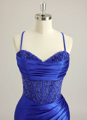 Trumpet/Mermaid Sweetheart Sweep Train Silky Satin Prom Dresses With Beading Sequins Pleated