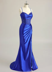 Trumpet/Mermaid Sweetheart Sweep Train Silky Satin Prom Dresses With Beading Sequins Pleated