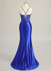 Trumpet/Mermaid Sweetheart Sweep Train Silky Satin Prom Dresses With Beading Sequins Pleated