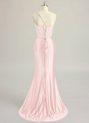 Trumpet/Mermaid Sweetheart Sweep Train Silky Satin Prom Dresses With Beading Sequins Pleated