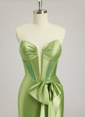 Trumpet/Mermaid Sweetheart Sweep Train Silky Satin Prom Dresses With Bow Rhinestone
