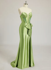 Trumpet/Mermaid Sweetheart Sweep Train Silky Satin Prom Dresses With Bow Rhinestone