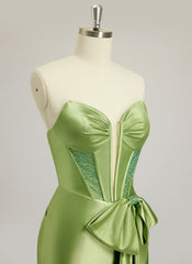 Trumpet/Mermaid Sweetheart Sweep Train Silky Satin Prom Dresses With Bow Rhinestone