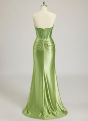 Trumpet/Mermaid Sweetheart Sweep Train Silky Satin Prom Dresses With Bow Rhinestone