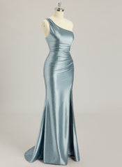 Trumpet/Mermaid One Shoulder Sweep Train Jersey Prom Dresses With Rhinestone