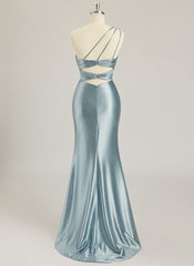 Trumpet/Mermaid One Shoulder Sweep Train Jersey Prom Dresses With Rhinestone