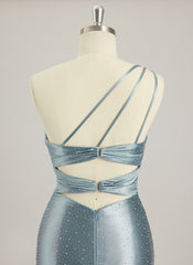 Trumpet/Mermaid One Shoulder Sweep Train Jersey Prom Dresses With Rhinestone
