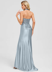 Trumpet/Mermaid Halter Sweep Train Jersey Maxi Dresses With Sequins Appliques Lace