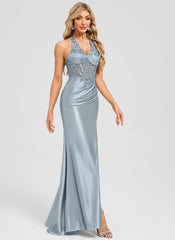Trumpet/Mermaid Halter Sweep Train Jersey Maxi Dresses With Sequins Appliques Lace