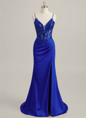 Trumpet/Mermaid V-Neck Sweep Train Jersey Lace Maxi Dresses With Pleated Sequins