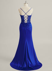 Trumpet/Mermaid V-Neck Sweep Train Jersey Lace Maxi Dresses With Pleated Sequins