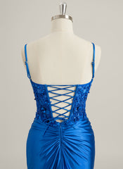 Trumpet/Mermaid V-Neck Sweep Train Lace Jersey Maxi Dresses With Sequins Pleated