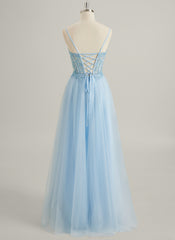 Robe Longue Trapèze en Dentelle Tulle Col V Longueur au Sol avec Paillettes