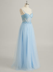 A-line V-Neck Floor-Length Lace Tulle Maxi Dresses With Sequins